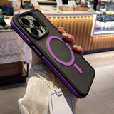 Phone case with purple accents held by a person in an indoor setting