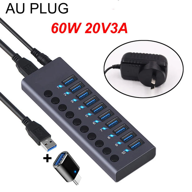 10 Ports USB 3.0 HUB Charging 5Gbps Data Transfer External Splitter Docking Station Power 60W LED Light Switch Convert Adapter