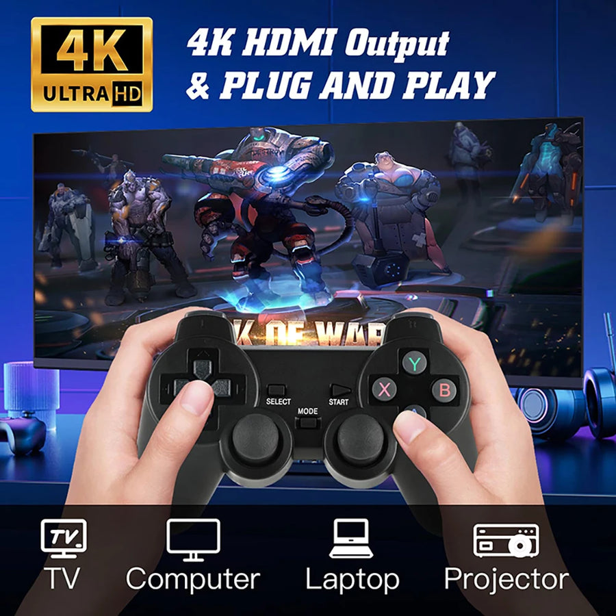Gaming controller with 4K HDMI output and plug and play feature, displayed on a screen with game graphics.