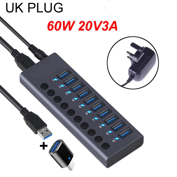 10 Ports USB 3.0 HUB Charging 5Gbps Data Transfer External Splitter Docking Station Power 60W LED Light Switch Convert Adapter