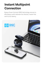 Wireless earbuds with a smartphone and laptop on a white background, featuring Baseus Smart-Connect technology.