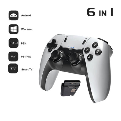 Gaming controller with USB adapter and compatibility icons on a white background