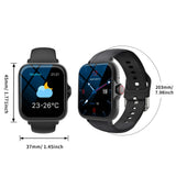 Smartwatch with black band shown from multiple angles with measurements on a white background