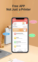 Smartphone displaying a printing app interface with the portable A4 thermal printer on a desk — wireless Bluetooth inkless mini printer