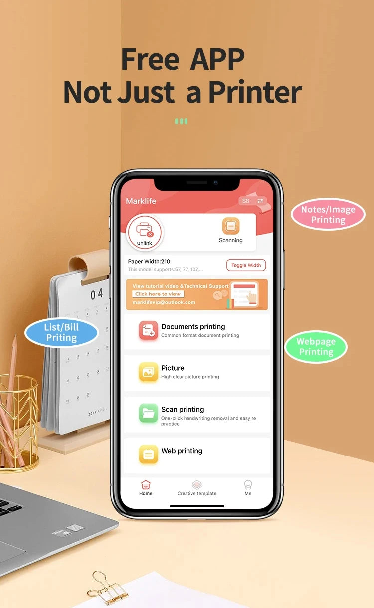 Smartphone displaying a printing app interface with the portable A4 thermal printer on a desk — wireless Bluetooth inkless mini printer