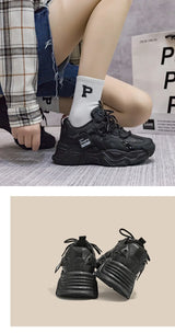 Women's Platform Leather Sneakers – Versatile Black Lace-Up (2025)