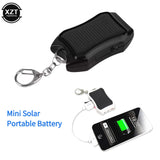 Mini solar portable battery with keychain and charging phone illustration on a white background