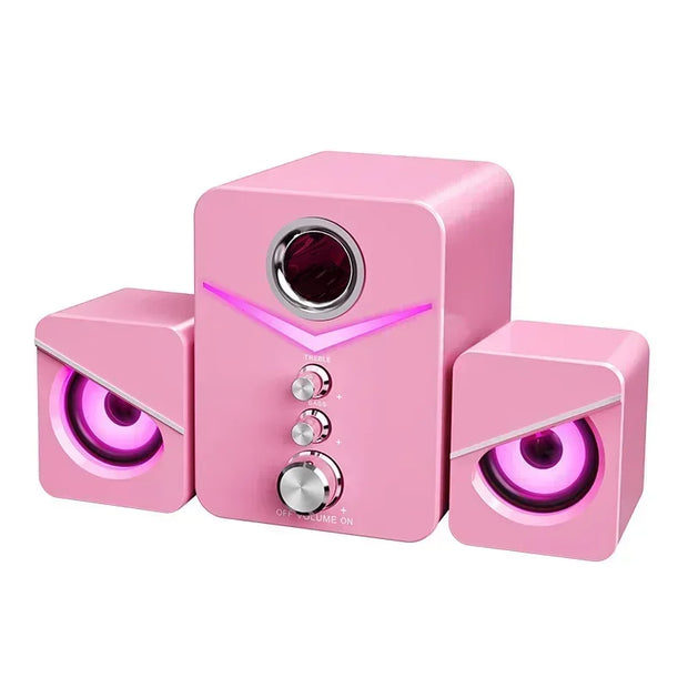 Wired desktop speakers in pink with built-in microphone and HiFi stereo sound for immersive audio.
