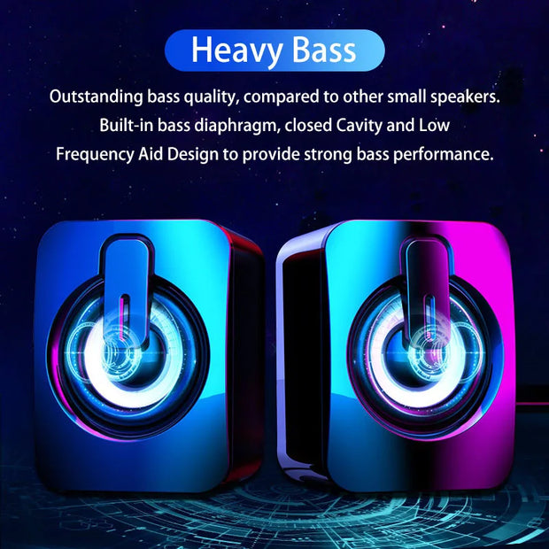 USB wired computer speakers with LED light featuring heavy bass quality and built-in bass diaphragm.