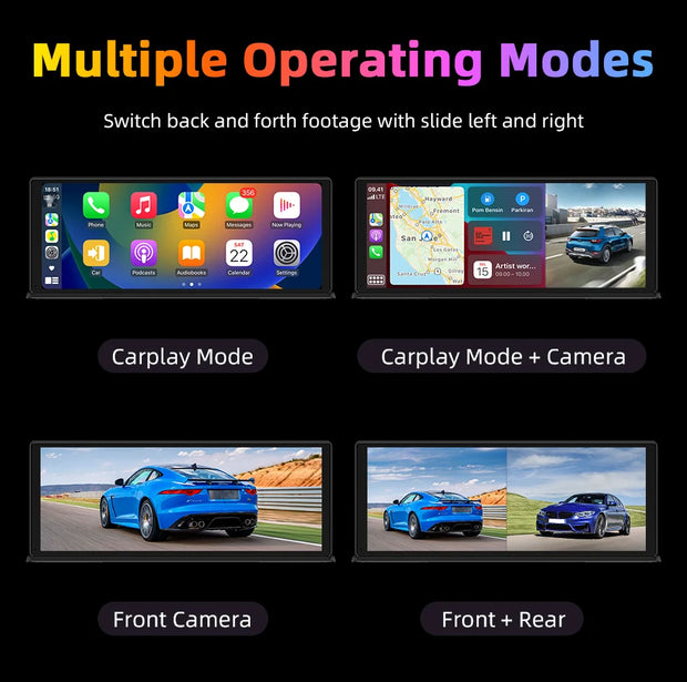 Vtopek Carplay screen showcasing multiple operating modes including Carplay and camera options.