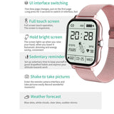 Smartwatch with pink mesh band on a white background with text about watch features.