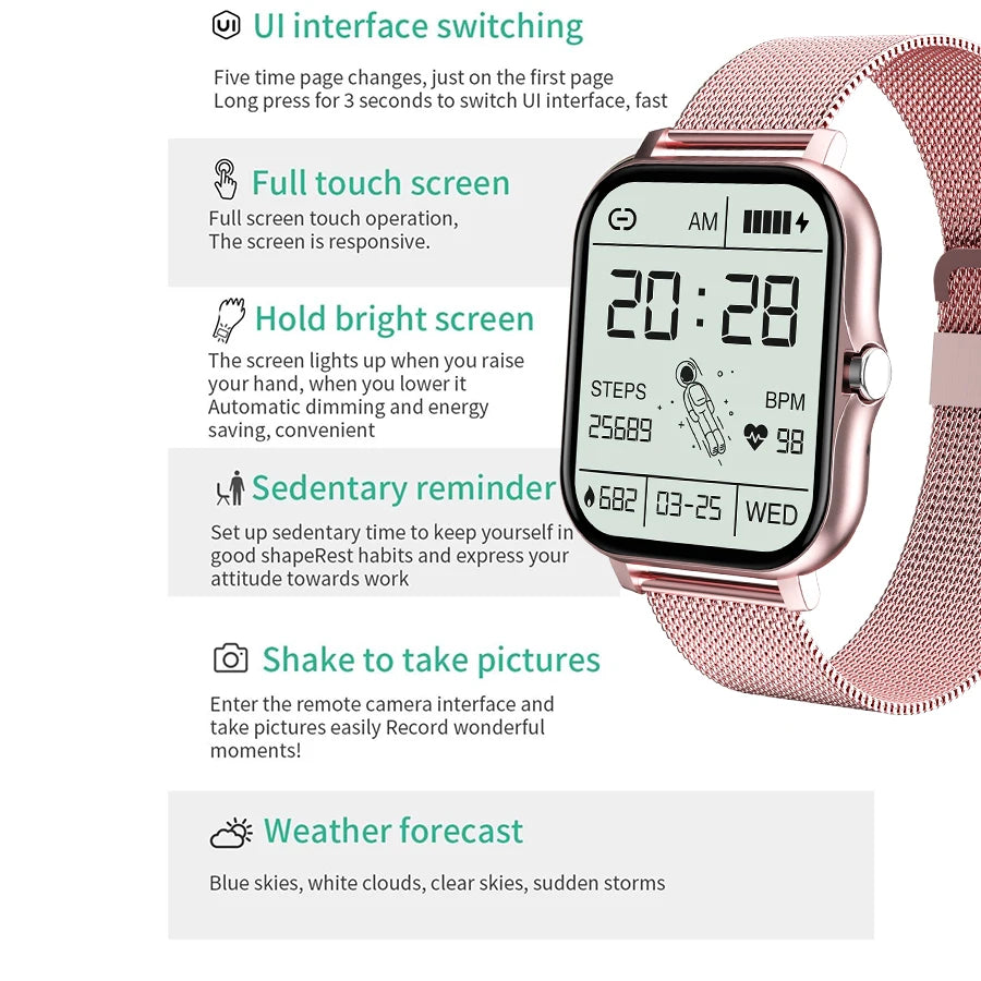 Smartwatch with pink mesh band on a white background with text about watch features.