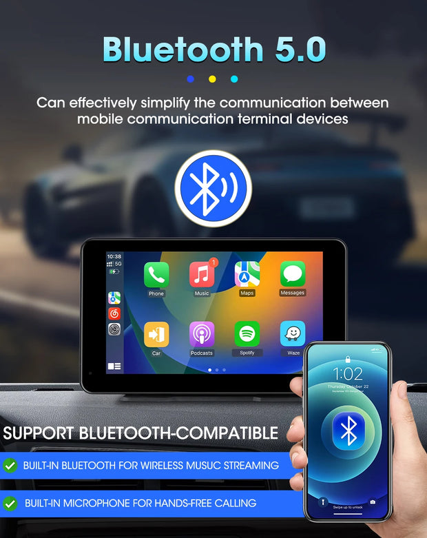 Vtopek Carplay screen showcases Bluetooth 5.0 for wireless music streaming and hands-free calling with mobile devices.