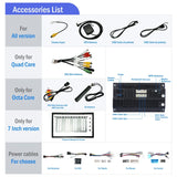 Car touchscreen display accessories list showing GPS antenna, USB cables, RCA wire harness, mounting frame and power cables for different vehicle makes