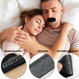 Couple sleeping in bed wearing black anti-snoring mouth tape strips, close-up product images