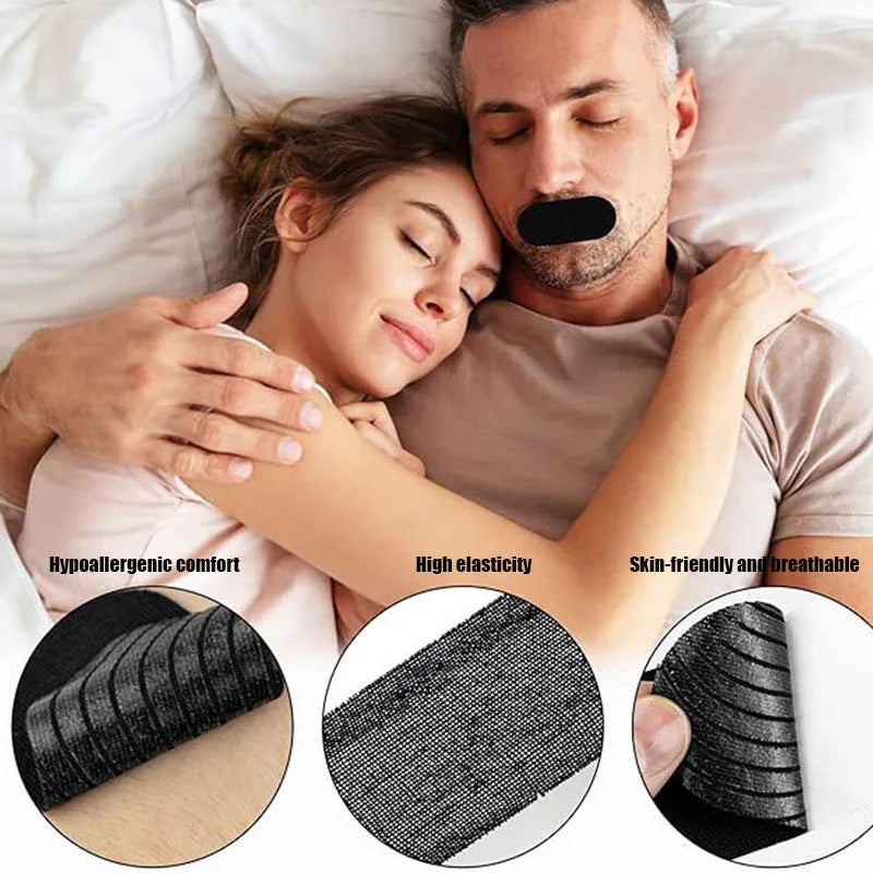 Couple sleeping in bed wearing black anti-snoring mouth tape strips, close-up product images