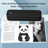 Black portable thermal printer printing a document, panda illustration and photo on a blue background — wireless Bluetooth inkless mini printer