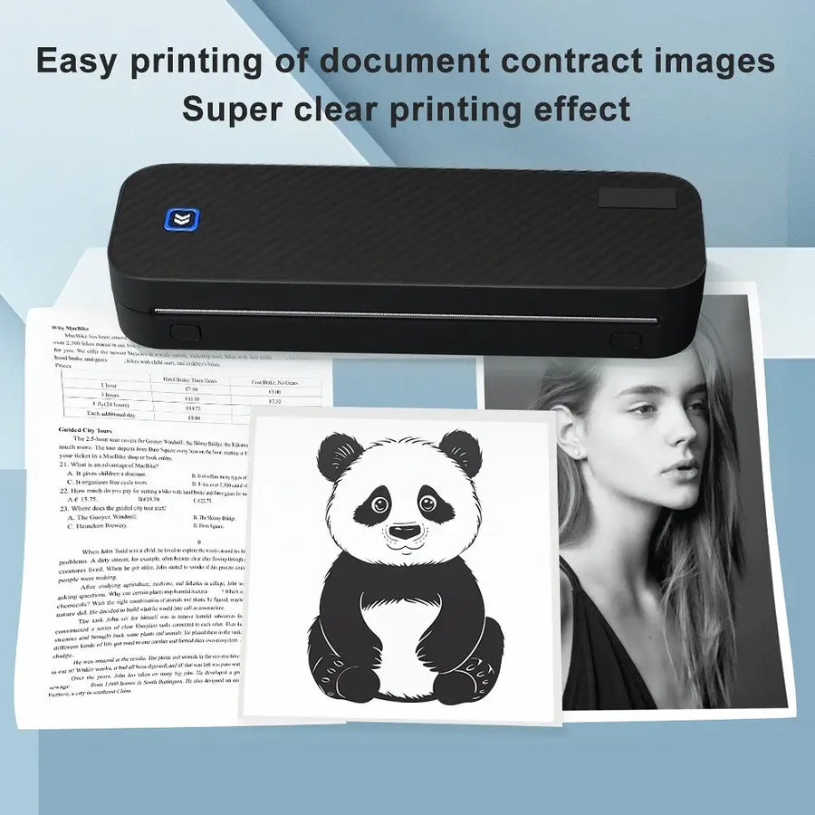 Black portable thermal printer printing a document, panda illustration and photo on a blue background — wireless Bluetooth inkless mini printer