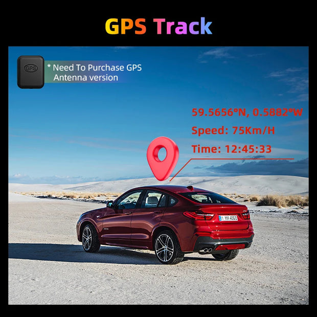GPS tracking image showing location coordinates, speed, and time on a scenic background with a car.