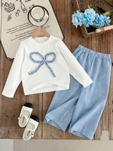 Girls 2-Piece Outfit Set – Bow Long-Sleeve Top + Striped Wide-Leg Pants