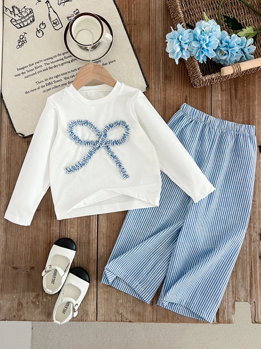 Girls 2-Piece Outfit Set – Bow Long-Sleeve Top + Striped Wide-Leg Pants