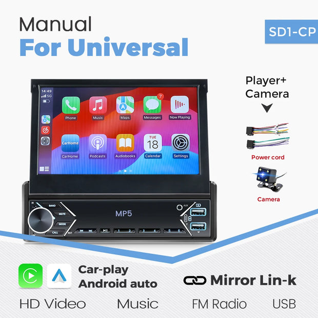 New Carplay Android Auto 1Din 7'' Retractable Universal Car Stereo Radio TouchScreen MP5 Player Intelligent Vehicle System BT FM