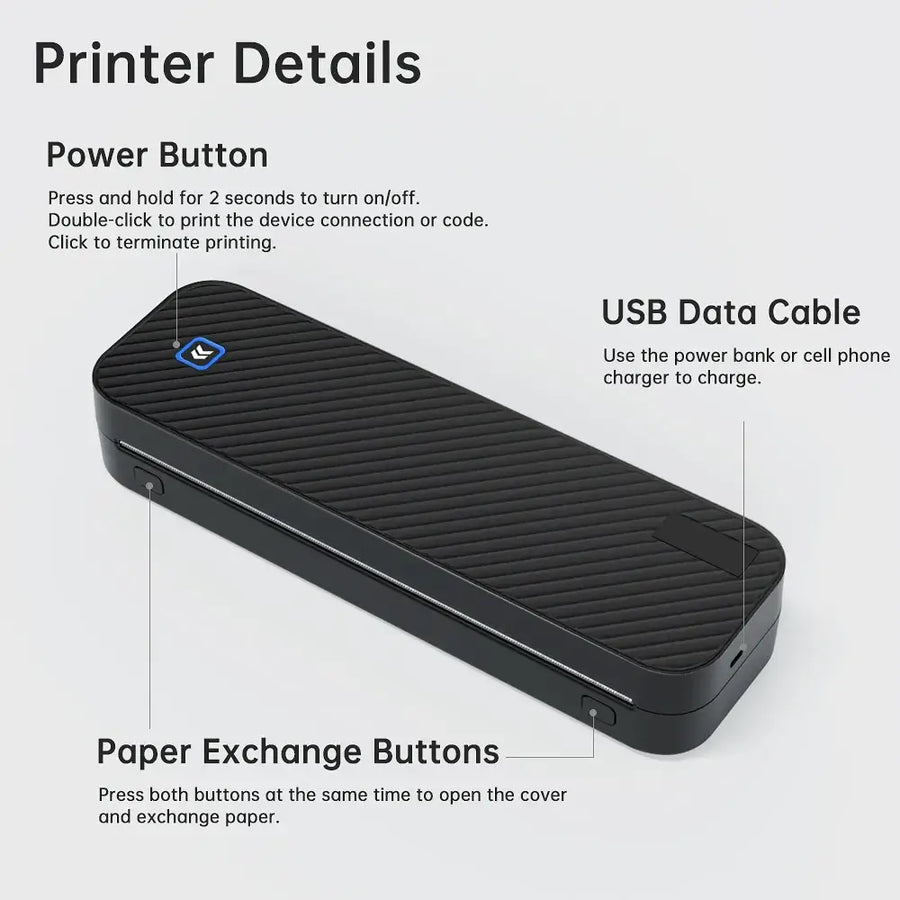 Black portable thermal printer with labeled power button, USB data cable and paper exchange buttons — wireless Bluetooth inkless A4 mini printer