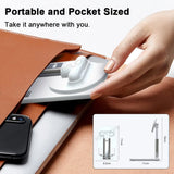 Hand placing a folded white MagSafe phone stand into a brown leather pouch, with dimension diagram inset.