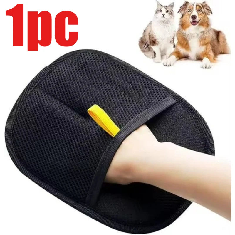 Pet hair remover mitt product shot – black mesh mitt with yellow tag, with dog and cat images