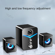 wired desktop speakers with high and low frequency adjustment and LED lights for immersive sound quality.