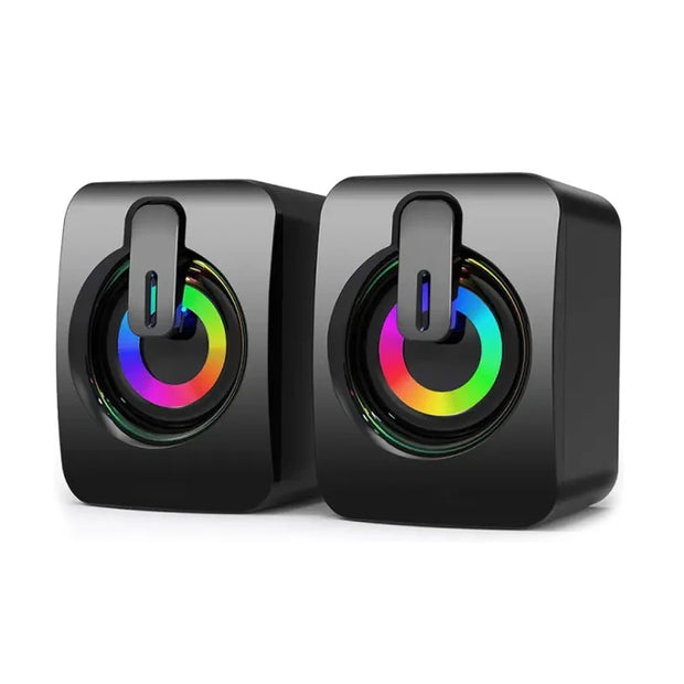 USB wired computer speakers with LED light featuring heavy bass quality and built-in bass diaphragm.