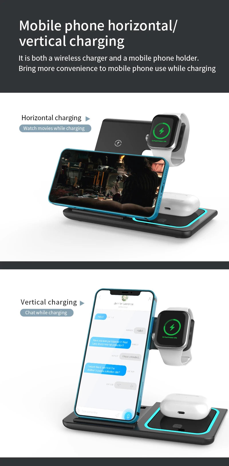 3-in-1 Wireless Charging Station – Travel Pad for iPhone 12-17, iWatch & AirPods, 15W