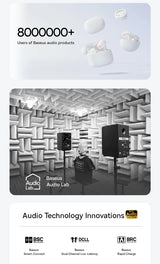 Advertisement for Baseus audio products with text and images of speakers and an acoustically treated room.