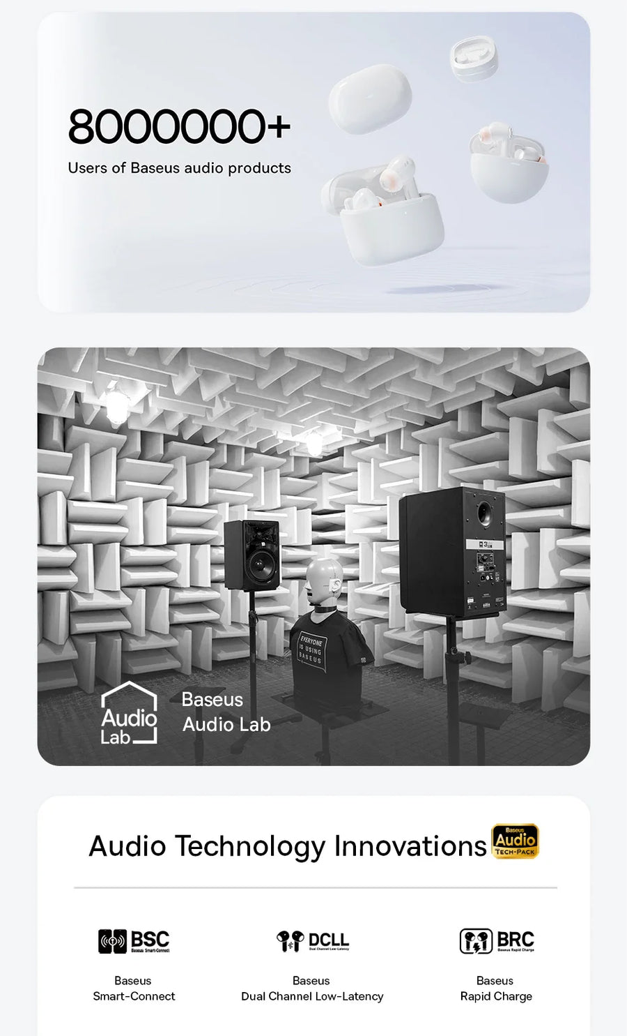 Advertisement for Baseus audio products with text and images of speakers and an acoustically treated room.