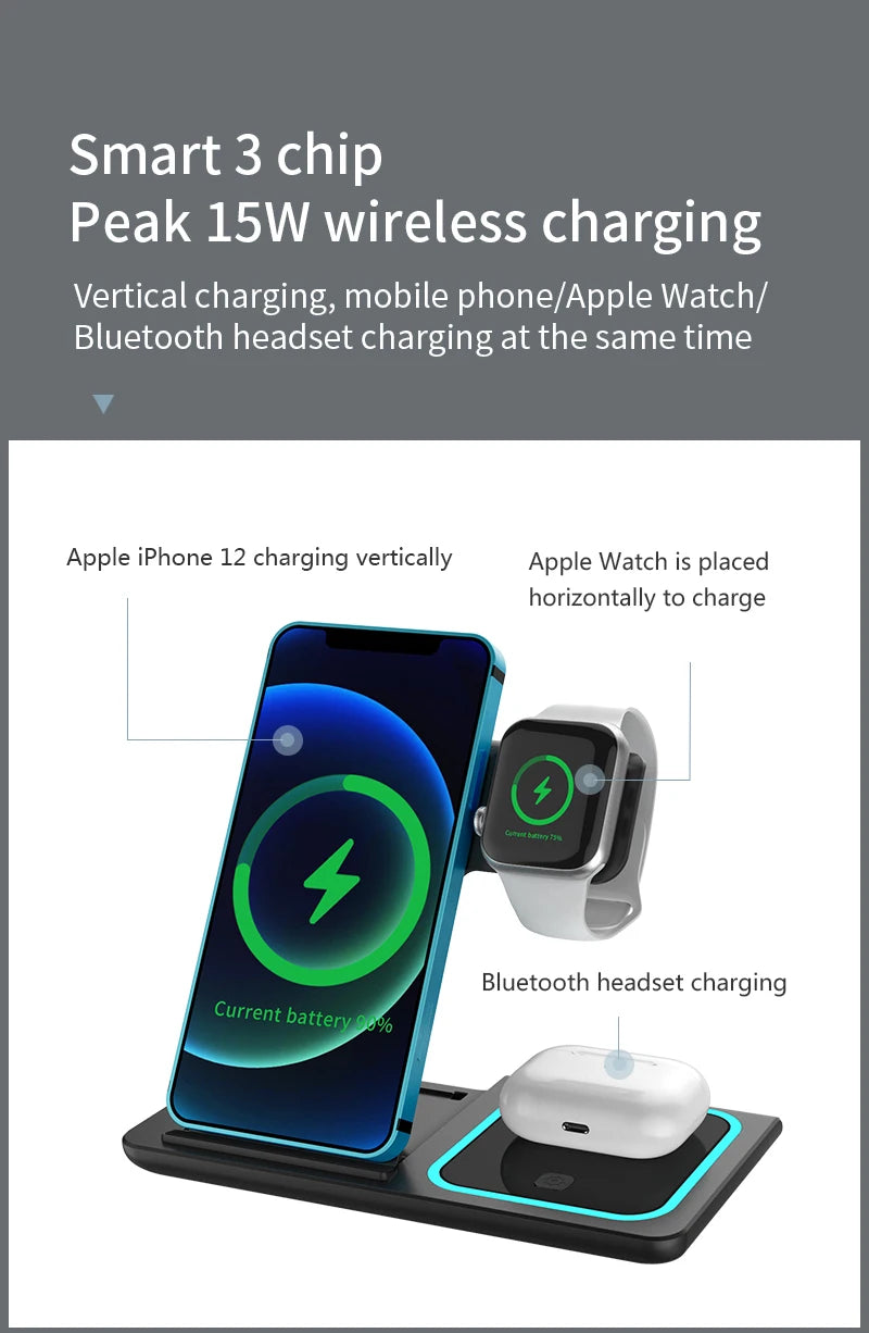 3-in-1 Wireless Charging Station – Travel Pad for iPhone 12-17, iWatch & AirPods, 15W