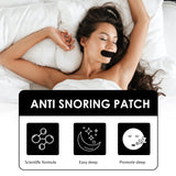 Infographic of woman sleeping with anti-snoring mouth patch, labeled 'Anti Snoring Patch' with icons
