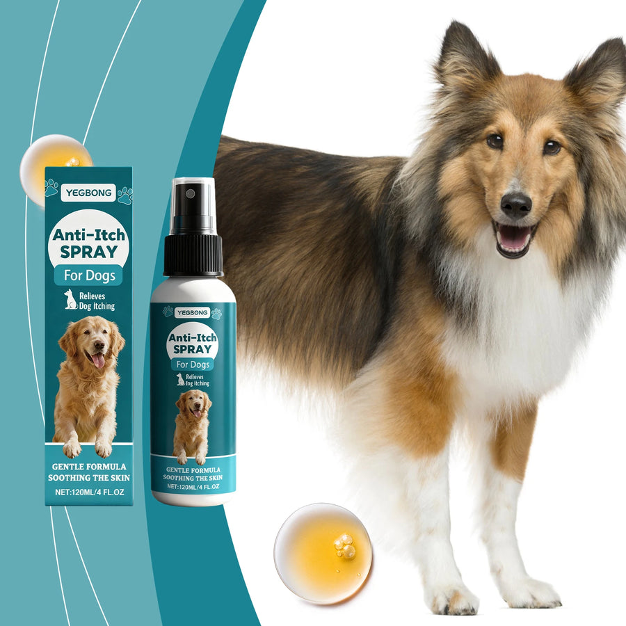 Dog with Yegbong Anti-Itch Spray for Dogs packaging and product on a white background
