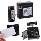 Hidden RFID electronic drawer lock components including black control box with QR code, card reader and batteries — keyless DIY cabinet lock with IC card