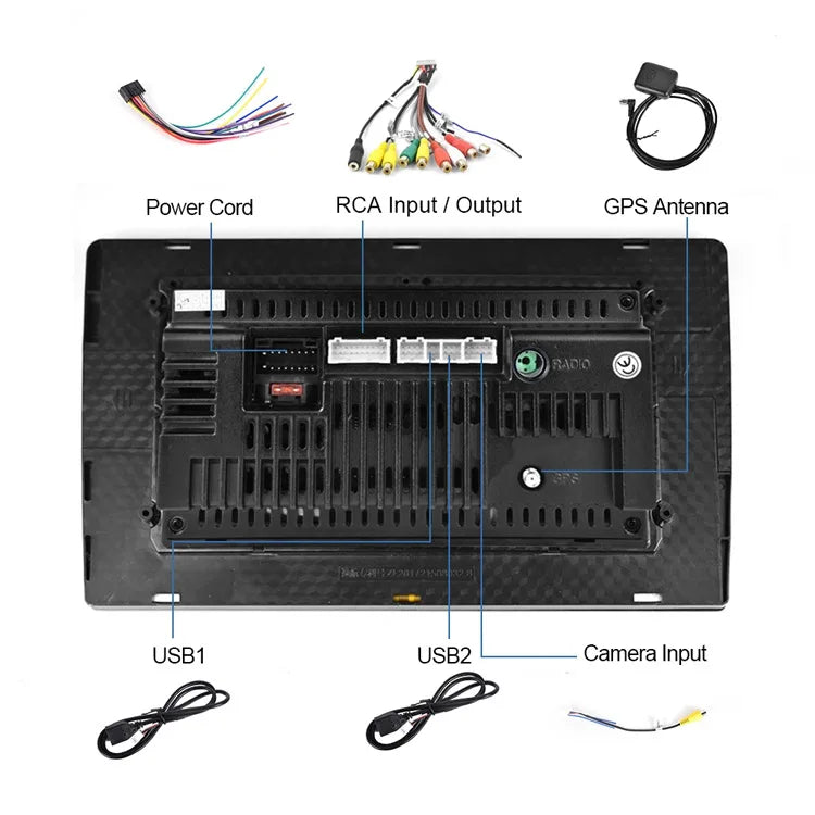 Back view of the car touchscreen display with labeled components and wiring connections