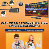 Advertisement for a gaming setup with a TV displaying arcade games, connectors, and two people playing.
