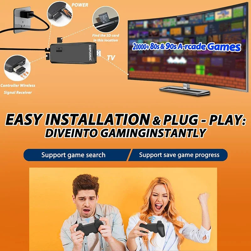 Advertisement for a gaming setup with a TV displaying arcade games, connectors, and two people playing.