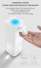 Hand holding the white touchless automatic foaming soap dispenser — usage and features