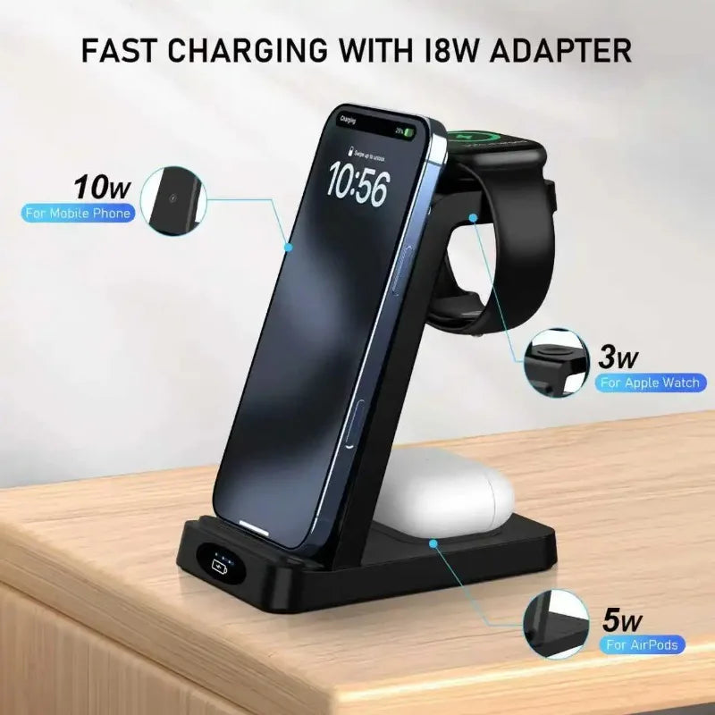 3-in-1 Wireless Charger – Desktop Charging Stand for iPhone, iWatch & Earbuds
