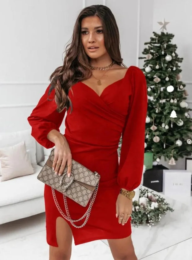 Women's Clothing  Autumn and Winter New Fashion Commuter V-neck Dress Ladies Casual Cross Long Sleeve Pullover Dress