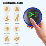 Eight massage modes graphic with EMS neck massager round controller held in a hand