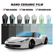 High heat resistant nano ceramic film options on a white sports car, showcasing UV protection and insulation levels.