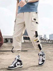 Joggers Cargo Pants for Men Casual Hip Hop Hit Color Pocket Male Trousers Sweatpants Streetwear Ribbons Techwear Pants