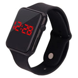 Black LED digital sport watch with red LED display and black silicone wristband on white background, unisex casual digital watch.