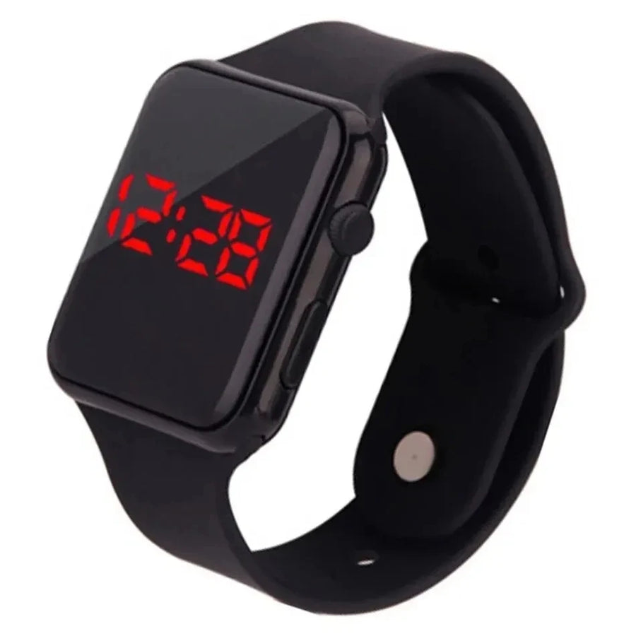 Black LED digital sport watch with red LED display and black silicone wristband on white background, unisex casual digital watch.