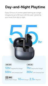 Black wireless earbuds with charging case on a white background, featuring text about playtime and charging capabilities.